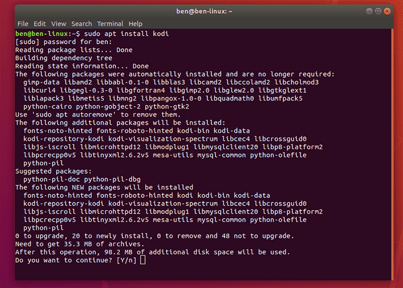 Ventana de terminal de instalación de Kodi Ubuntu