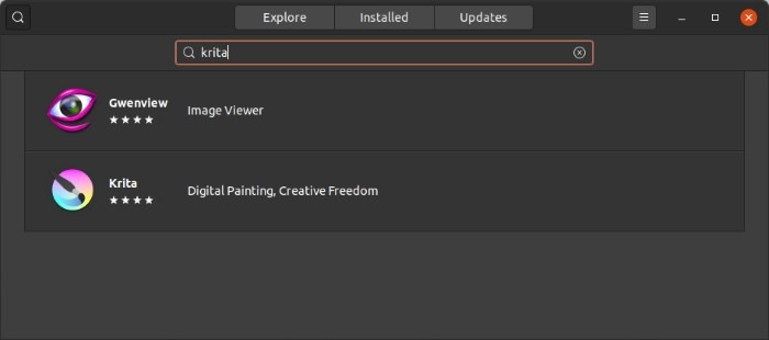 Instale la última versión de Krita en Ubuntu Buscar en el Centro de software