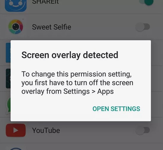 Error de superposición de pantalla detectada Ajustes abiertos de Android