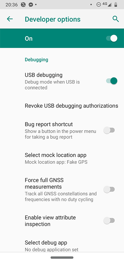 Opciones de desarrollador de Android Depuración USB