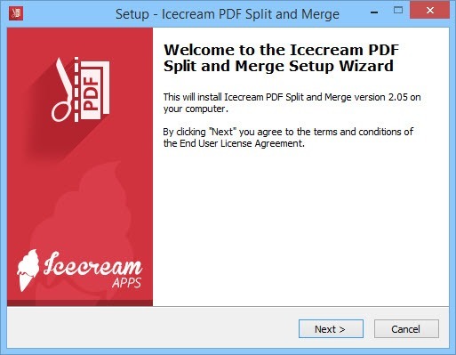 Pantalla de instalación de PDF Split and Merge.