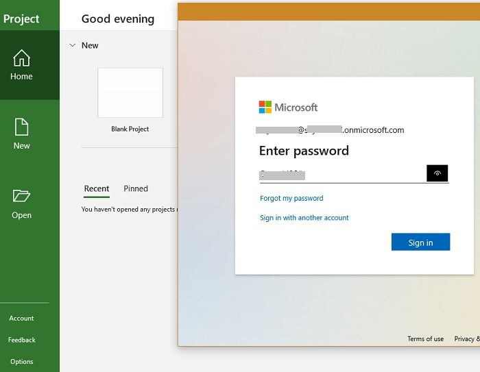 Accesos directos de Microsoft Project Página de inicio de sesión del proyecto