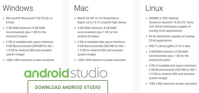 Requisitos del sistema de Android Studio