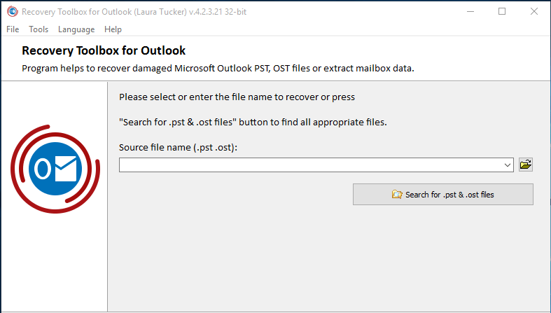 caja de herramientas de recuperación para la interfaz de Outlook