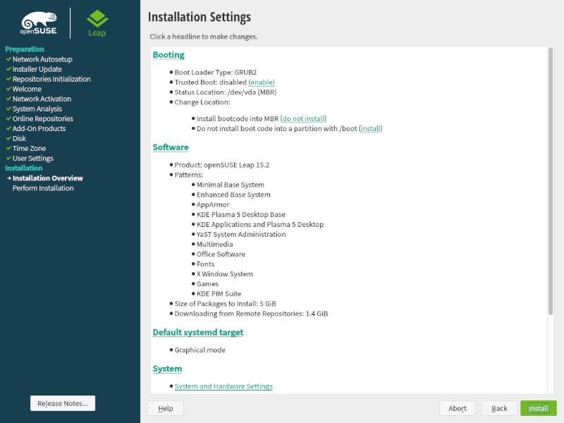 Pantalla de instalación final de revisión de Opensuse