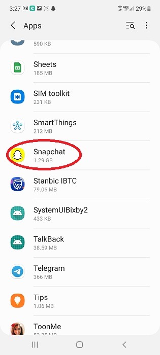 Pantalla de aplicaciones de Snapchat