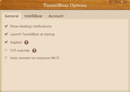 ventana de configuración de tunnelbear