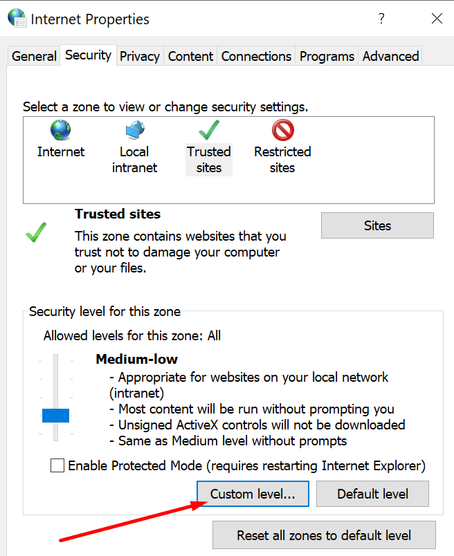 Configuración de seguridad de nivel personalizado de propiedades de Internet