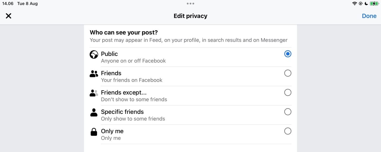 Opciones para cambiar la configuración de privacidad de la imagen de perfil de Facebook