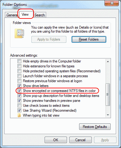 Windows muestra archivos comprimidos o cifrados en configuraciones de color
