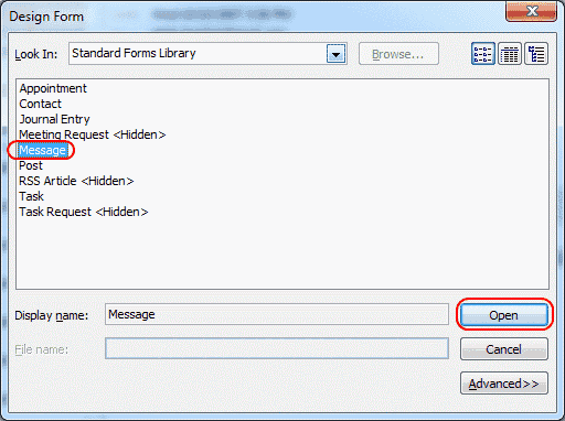 Opción de formulario de mensaje de Outlook 2010