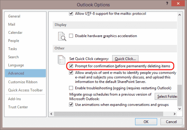 Configuración del mensaje de eliminación de Outlook