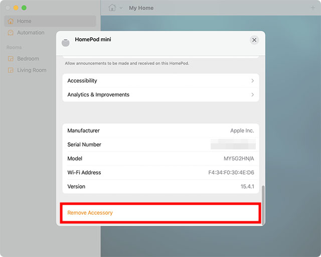 quitar accesorio mac home app restablecer homepod mini