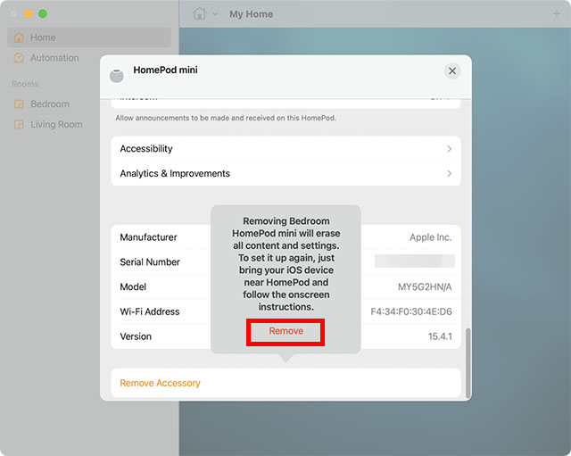 restablecer la aplicación de inicio de mac de confirmación del homepod mini