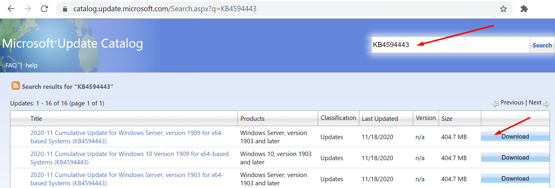 catálogo de actualizaciones de Microsoft