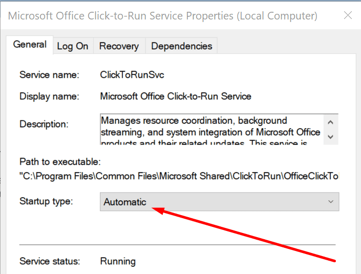 Tipo de inicio automático del servicio Hacer clic y ejecutar de Office