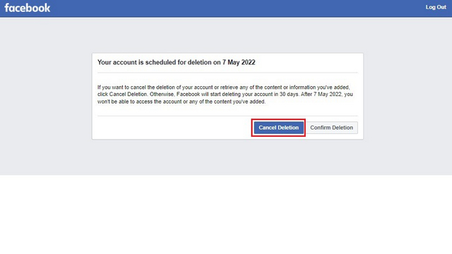 cancelar la eliminación de la cuenta de Facebook