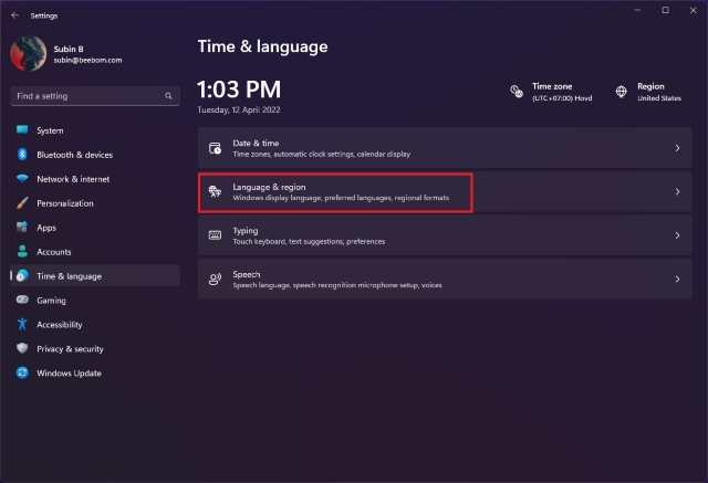 Configuración de idioma y región para cambiar el reloj de la pantalla de bloqueo en Windows 11 