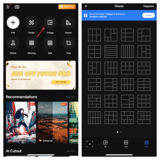 diseños de collage complejos en la aplicación Fotor en iPhone