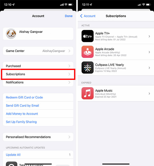 toque suscripciones para ver todas las suscripciones de iPhone