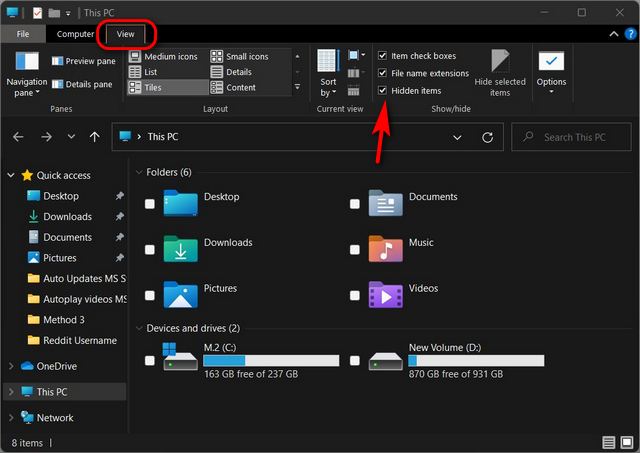 Mostrar archivos y carpetas ocultos en Windows 11