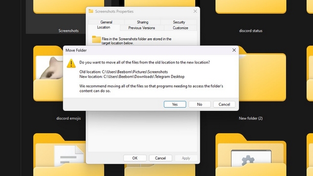 elija mover archivos a la nueva carpeta de captura de pantalla predeterminada en Windows 11