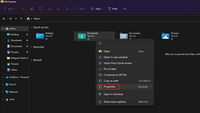 Haga clic derecho en Propiedades de descargas para cambiar la ubicación de descarga en Windows 11