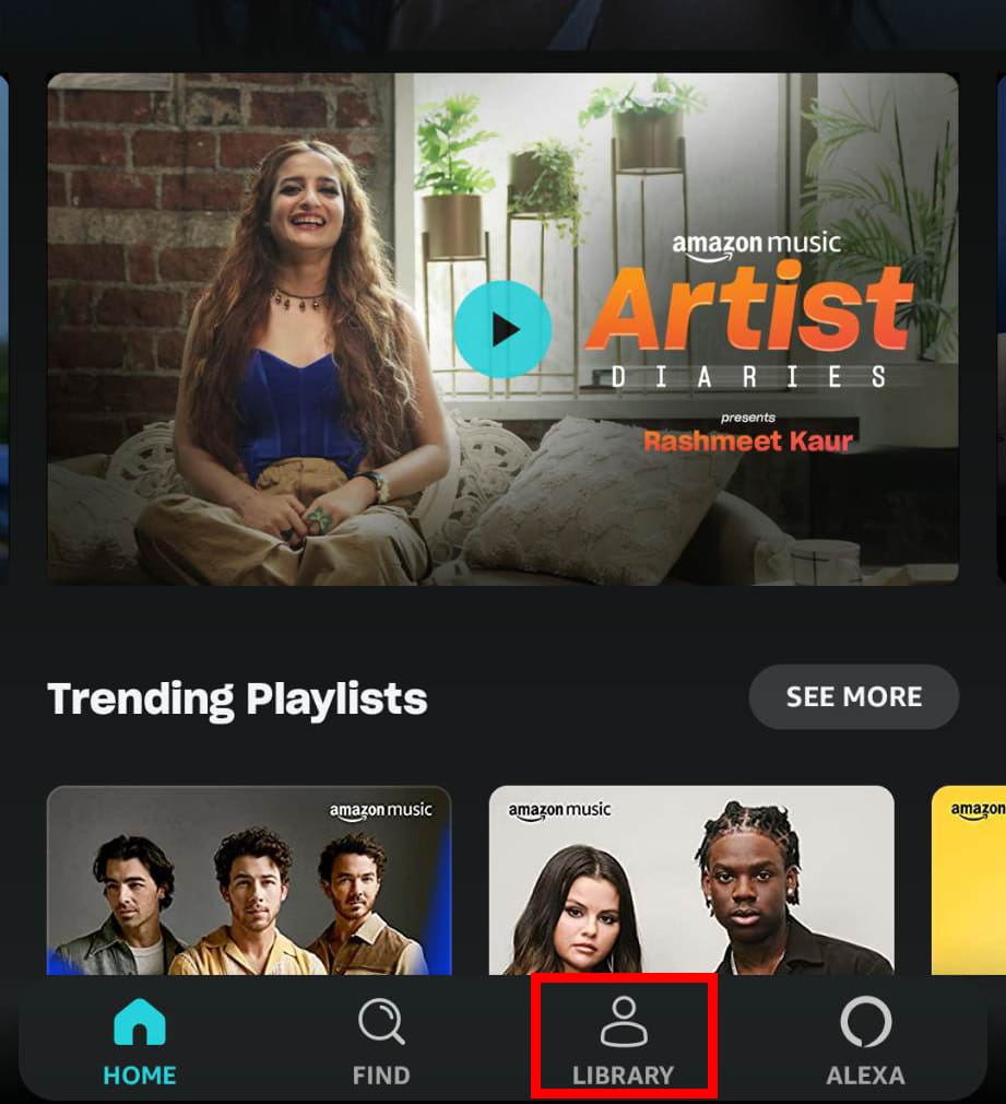Aplicación Amazon Music y pestaña Biblioteca