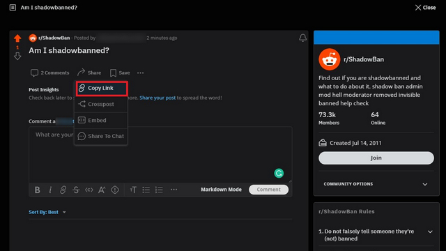 copiar el enlace de la publicación de reddit