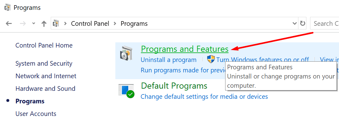 panel de control de programas y funciones