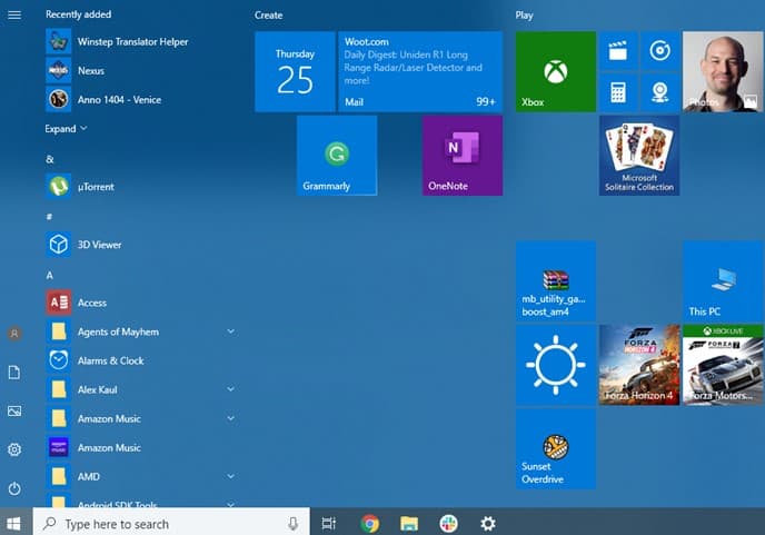 Interfaz de inicio de Windows 10