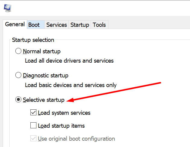 inicio selectivo de la configuración del sistema