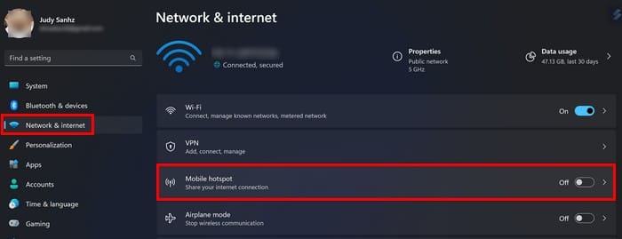 Opción de punto de acceso móvil en la configuración de Windows 11