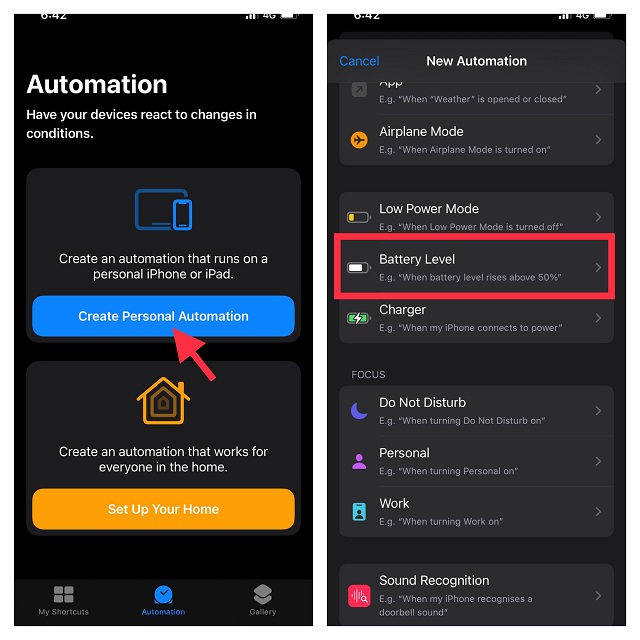 Toque crear automatización personal y toque el nivel de batería