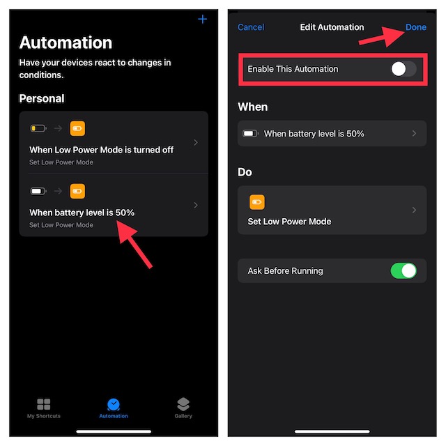 Deshabilitar una automatización en iPhone