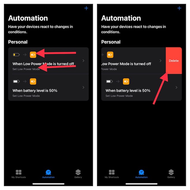 Eliminar automatización en la aplicación Atajos en iOS