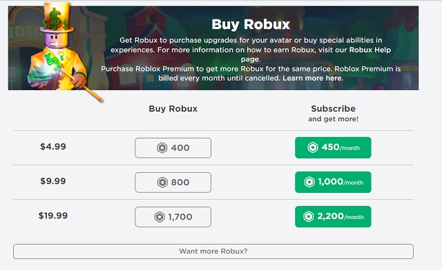 Comprar página de Robux