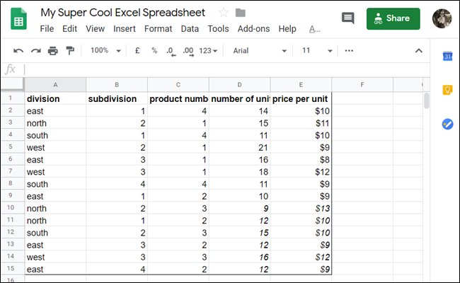 Ejemplo de un conjunto de datos en Google Sheets.